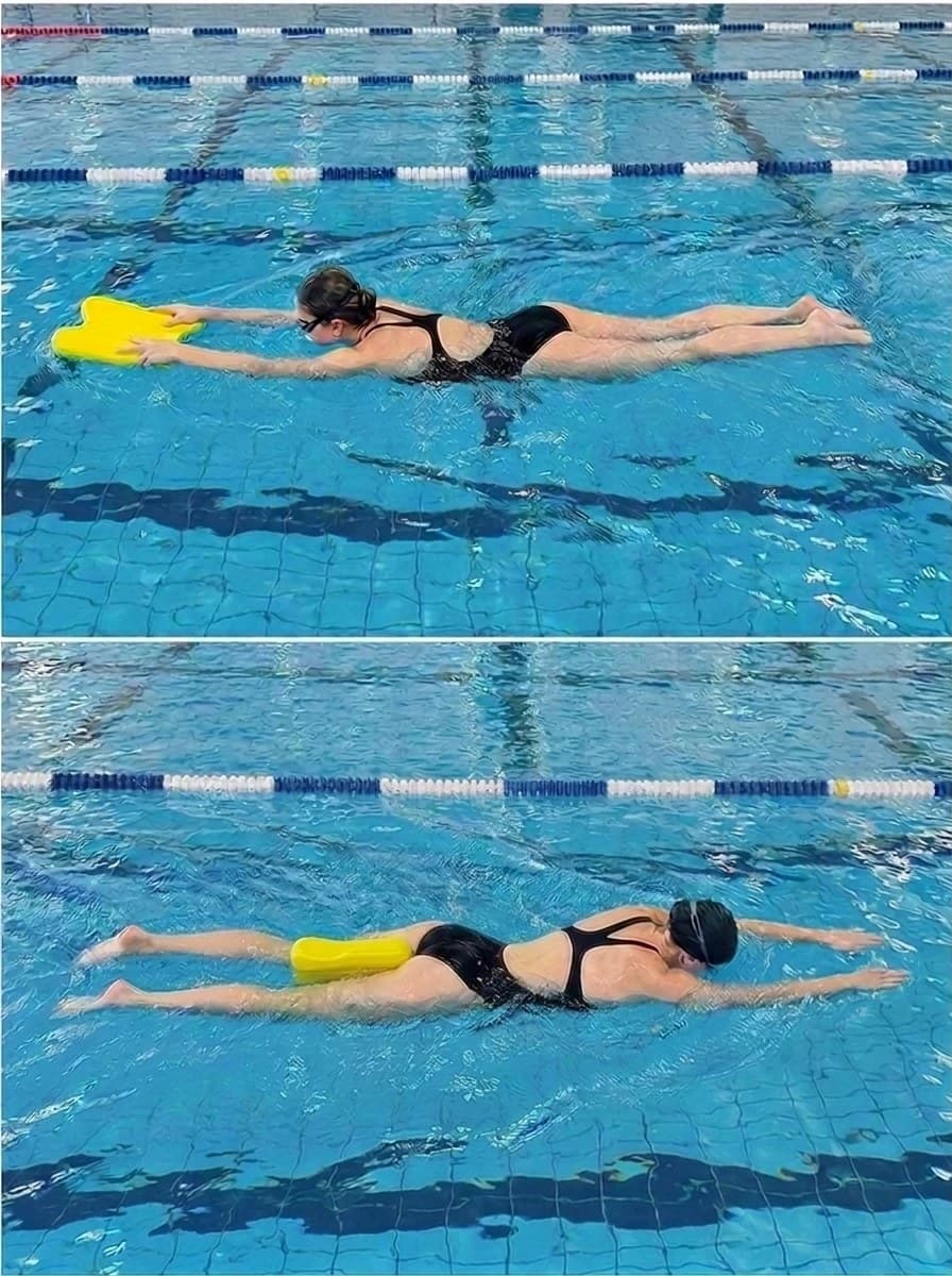 Zwei Aufnahmen im Schwimmbecken: oben eine Schwimmerin mit dem gelben Pullkick als Schwimmbrett in den Händen beim Beinschlag, unten mit dem Pullkick als Pullbuoy zwischen den Oberschenkeln beim Armzug.